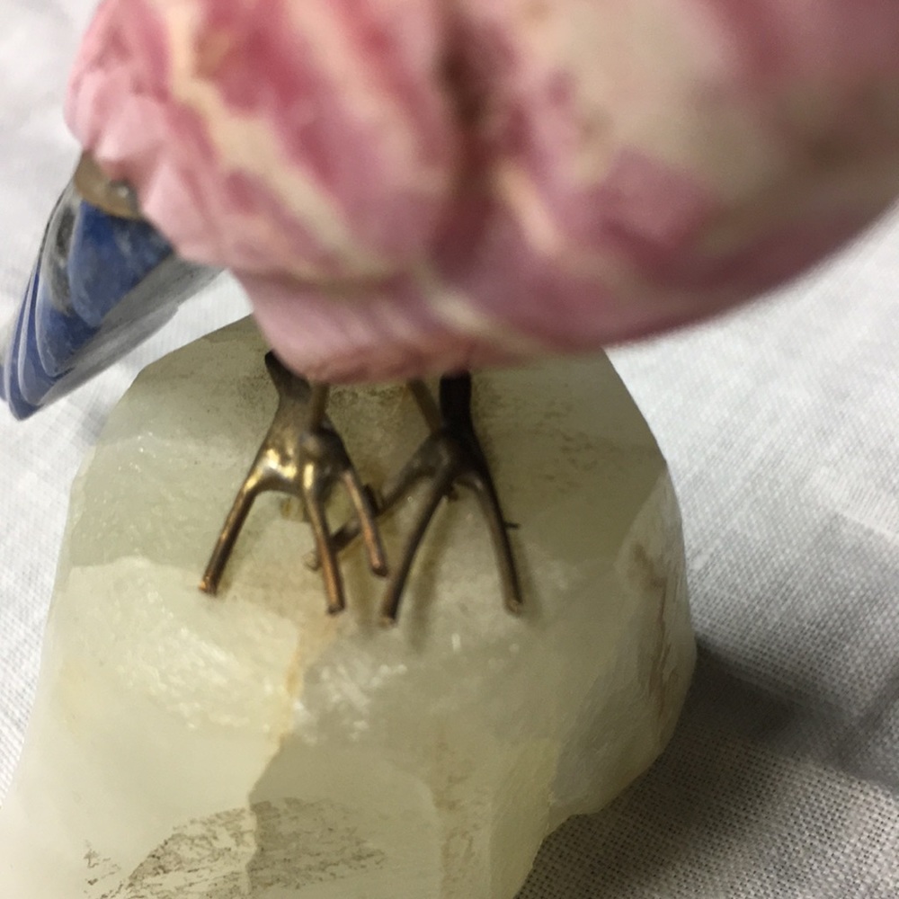 Hand Carved Bird Perched on Quartz Crystal Parrot Pink, Blue, White Calcite Peru - Picture 4 of 9